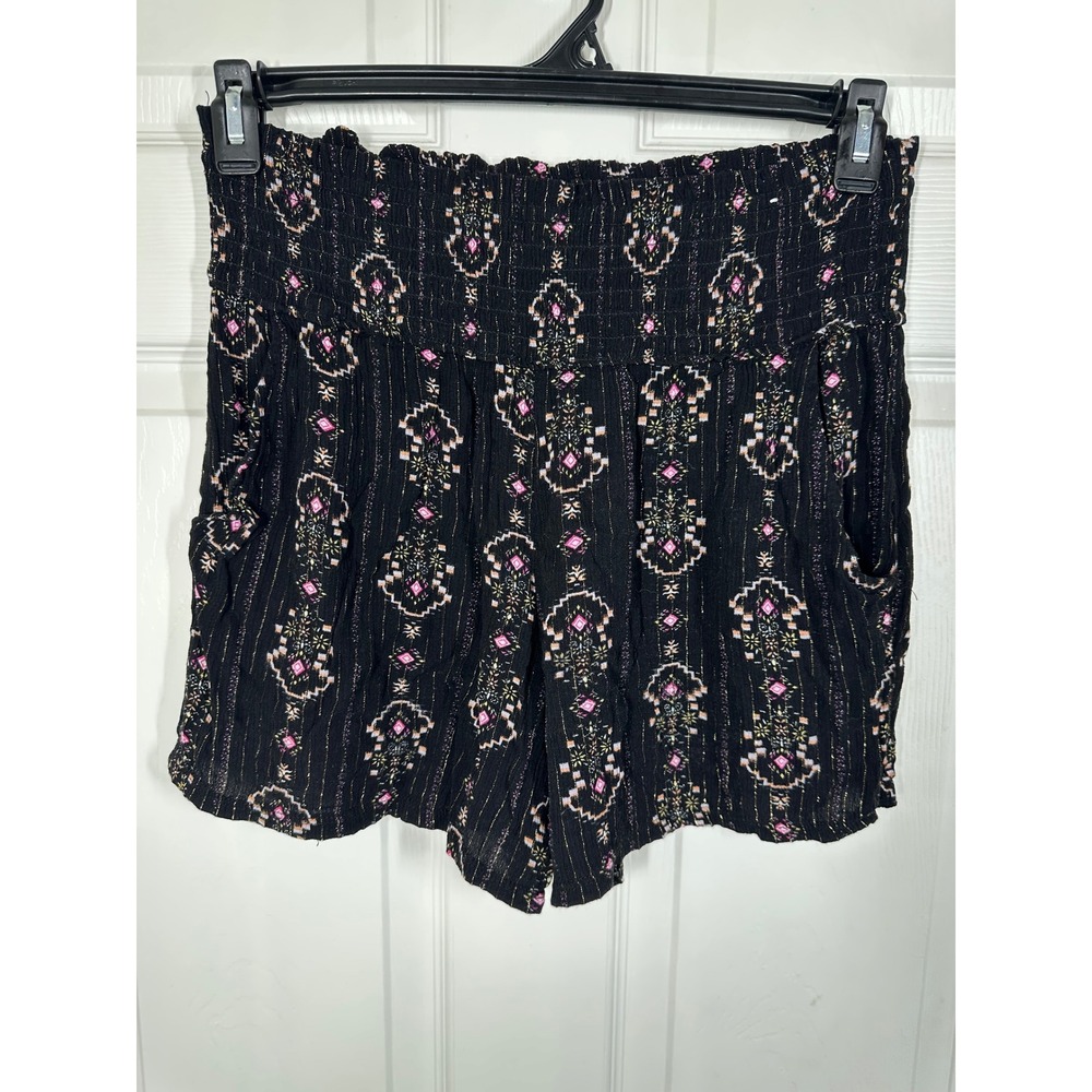 Three Dots Shorts Women M Black Medallion Print Smocked Waist Boho Metallic 7215